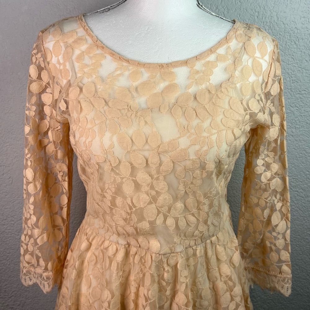 Free People Floral Mesh Lace Peach Lined Long Sleeve High Low Mini Dress Sz S - Picture 4 of 15